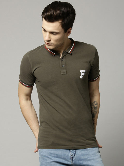 

French Connection Men Olive Green Solid Polo Collar T-shirt