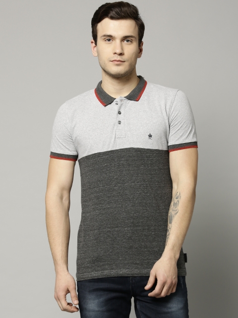 

French Connection Men Grey Melange Colourblocked Polo Collar T-shirt