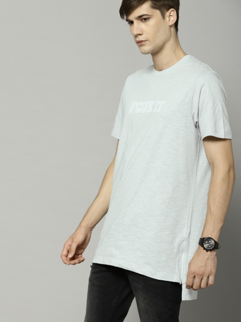 

French Connection Men Grey Melange Printed Round Neck T-shirt
