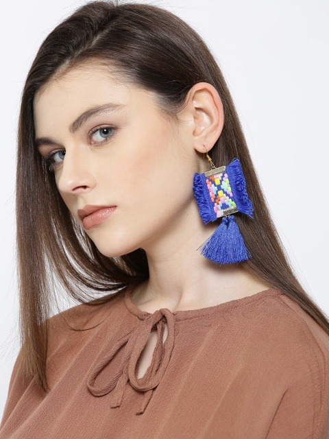 

OOMPH Blue Square Tasselled Drop Earrings