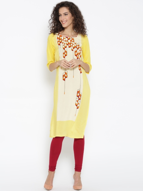 

AURELIA Women Yellow Printed Straight Kurta