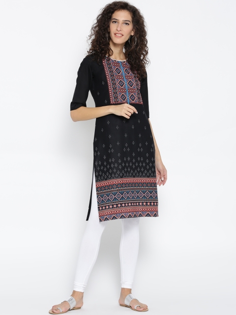 

AURELIA Women Black Printed Straight Kurta