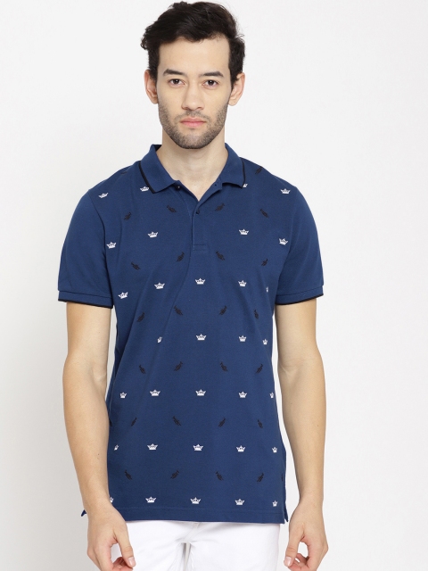 

Splash Men Navy Blue & White Embroidered Round Neck T-shirt