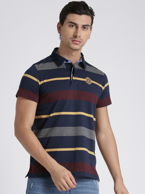 

Splash Men Navy Striped Polo Collar T-shirt, Navy blue