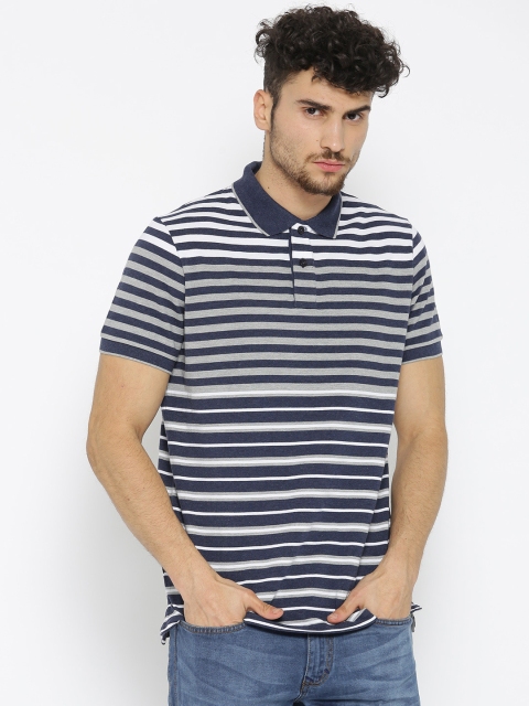 

Splash Men Navy Blue & Grey Striped Polo Collar T-shirt