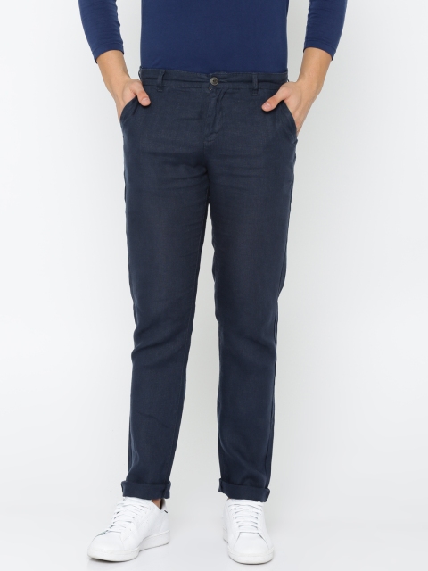 

Pepe Jeans Men Navy Blue Slim Fit Solid Linen Regular Trousers