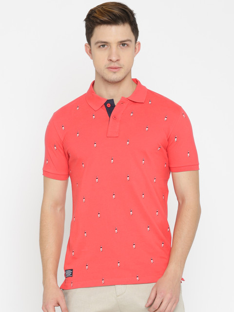 

Pepe Jeans Men Coral Pink Printed Polo Collar T-shirt