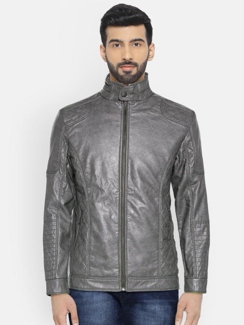 

Fort Collins Men Grey Solid Faux Leather Biker Jacket