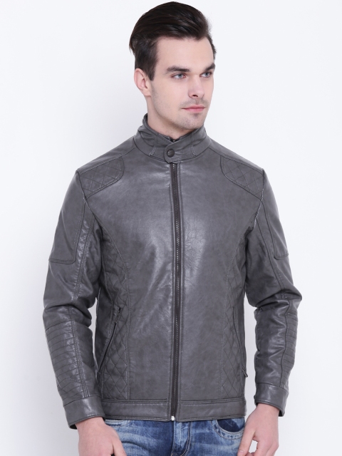 

Fort Collins Men Grey Solid Biker Jacket