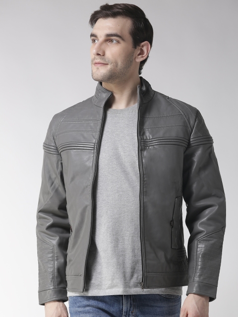 

Fort Collins Men Grey Solid Biker Jacket