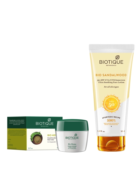 

Biotique Henna Powder Hair Colour & Sandalwood 50+ SPF UVA/UVB Ultra Soothing Lotion, Yellow