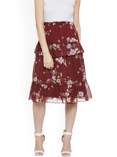 

Oxolloxo Maroon Floral Print Tiered A-Line Skirt