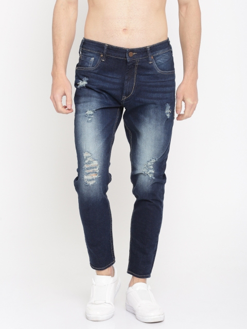 

HERE&NOW Men Blue Tapered Fit Mid-Rise Mildly Distressed Stretchable Cropped Jeans