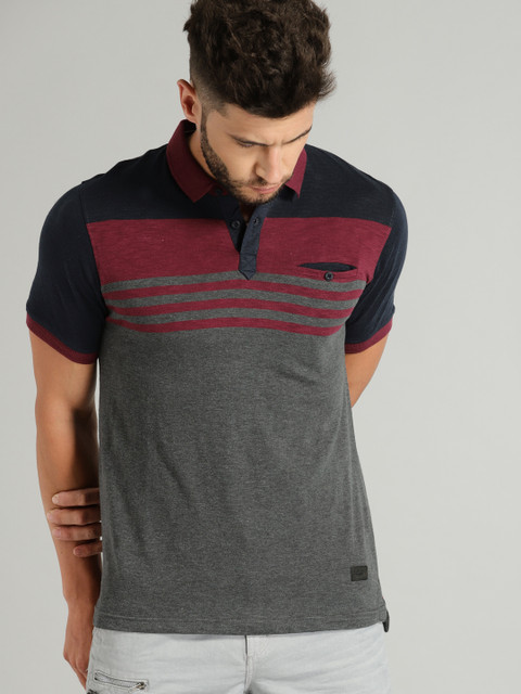 

Roadster Men Charcoal Grey & Red Striped Polo Collar T-shirt with Chest Pocket
