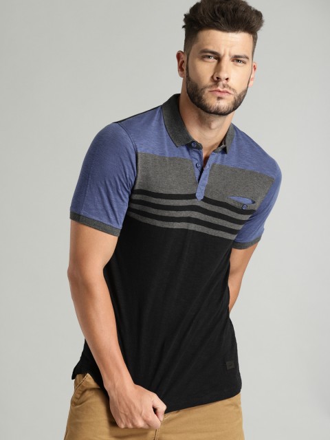 

Roadster Men Black & Charcoal Grey Striped Polo Collar T-shirt with Chest Pocket