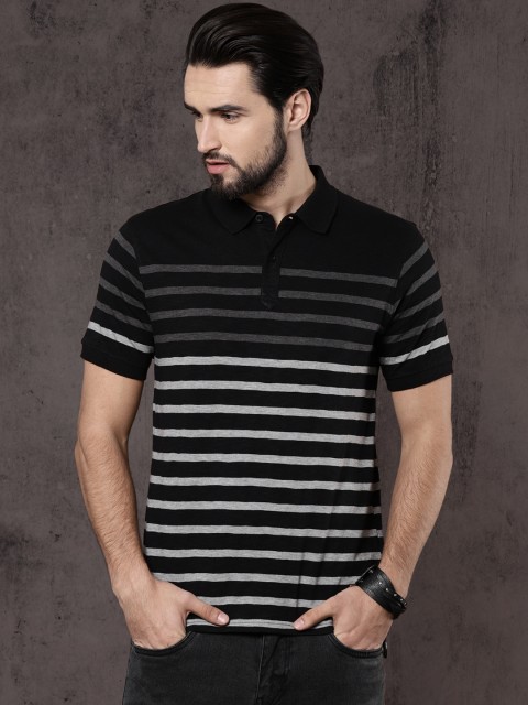 

Roadster Men Black & Grey Striped Polo T-shirt