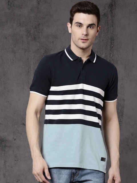 

Roadster Men Navy Blue & White Striped Polo Collar T-shirt