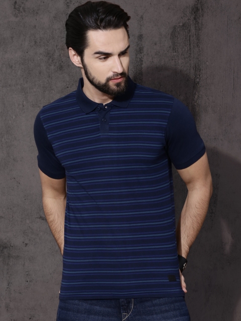 

Roadster Men Navy Blue Striped Polo T-shirt with Solid Sleeves