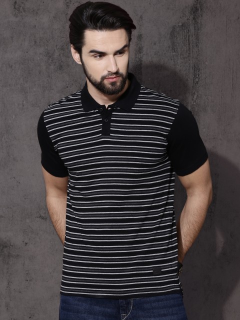 

Roadster Men Grey Striped Polo Collar T-shirt