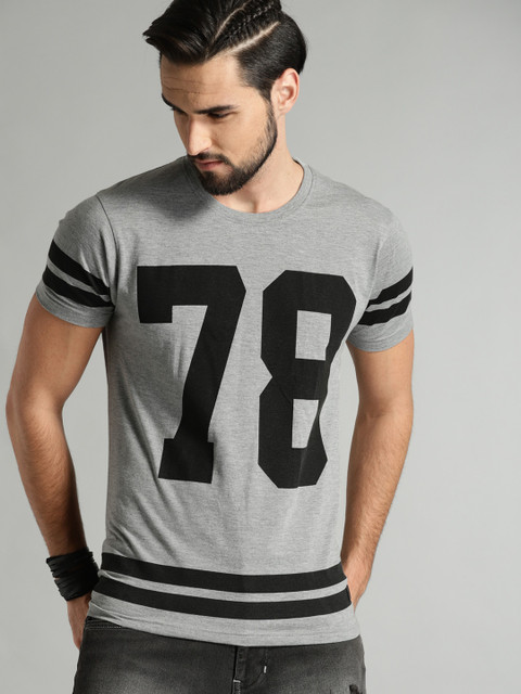 

Roadster Men Grey Melange Printed Round Neck T-shirt