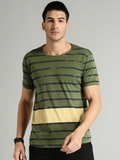 

Roadster Men Olive Green Striped Round Neck T-shirt