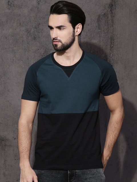 

Roadster Men Navy & Black Colourblocked Round Neck T-shirt, Navy blue