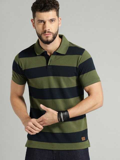

Roadster Men Olive Green & Blue Striped Polo Collar T-shirt