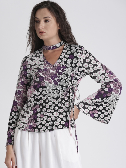 

Splash Women Black Floral Print Wrap Top