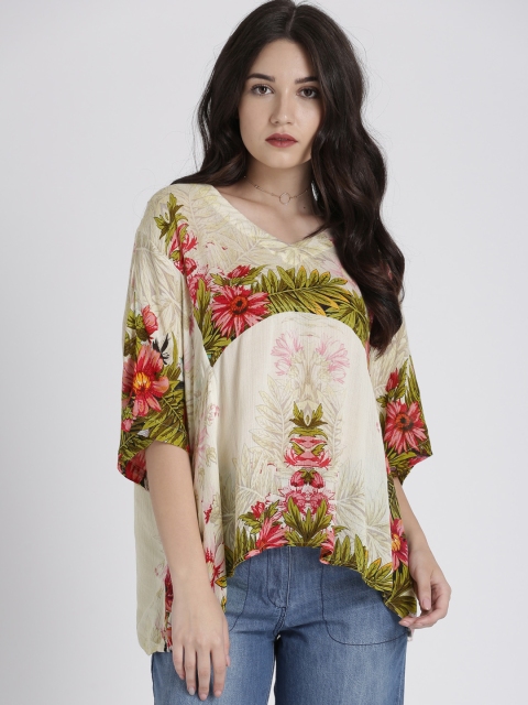 

Splash Women Cream-Coloured Floral Print Boxy Top
