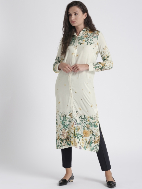 

Splash Women Cream & Green Regular Fit Printed Longline Shirt