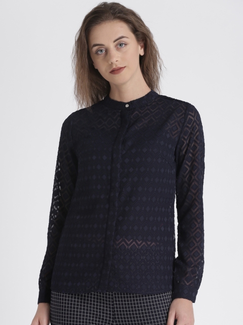 

Splash Women Navy Self Design Shirt Style Top, Navy blue
