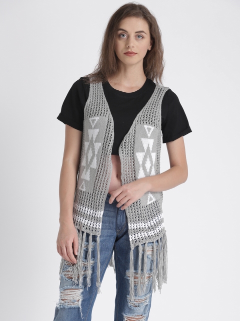 

Splash Grey Melange & White Self Design Open Front Shrug