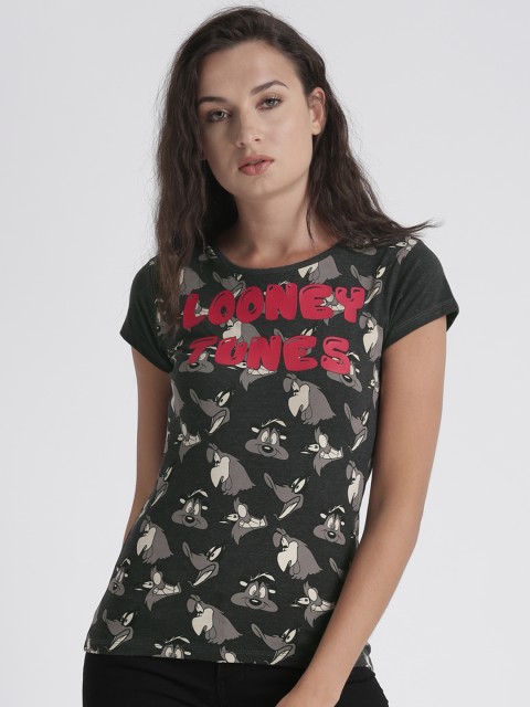 

Splash Women Charcoal Grey Printed Round Neck T-shirt