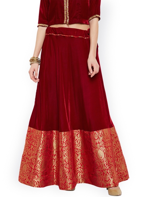 

studio rasa Maroon Printed Velvet & Faux Brocade Maxi A-Line Skirt