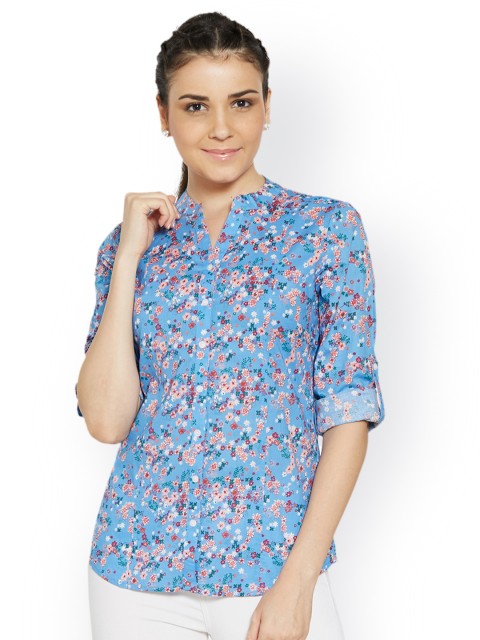 

Bombay High Women Blue & Peach-Coloured Floral Print Shirt Style Top