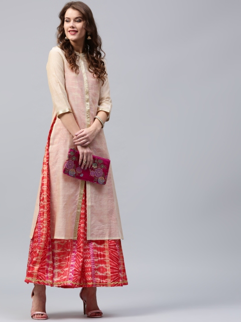 

SASSAFRAS Women Red & Beige Silk Printed Layered Anarkali Kurta