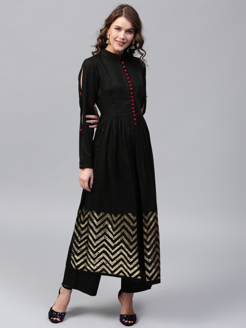 

SASSAFRAS Women Black Solid High Slit A-Line Kurta