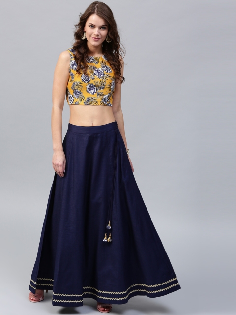 

SASSAFRAS Women Yellow & Navy Silk Floral Print Crop Fitted Top