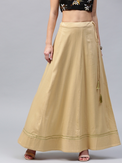 

SASSAFRAS Beige Solid Maxi Flared Pure Cotton Skirt