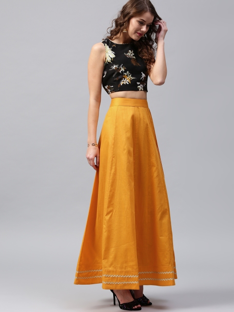 

SASSAFRAS Mustard Yellow Solid Maxi Flared Pure Cotton Skirt