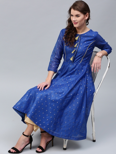 

SASSAFRAS Women Blue & Beige Chanderi Silk Self-Design Anarkali Kurta with Palazzos