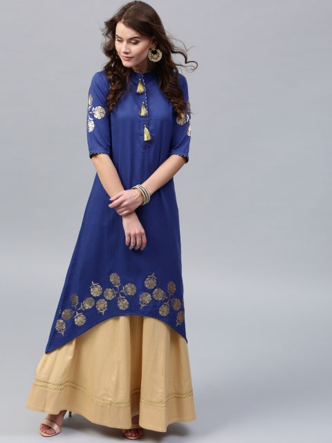 

SASSAFRAS Women Blue & Beige Foil Print Detail Kurta with Skirt