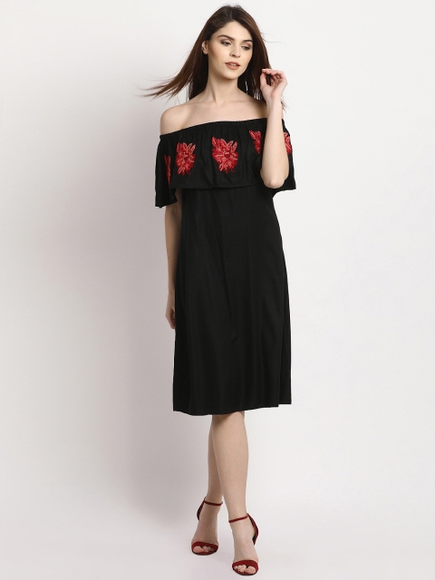 

RARE Women Black Embroidered A-Line Bardot Dress