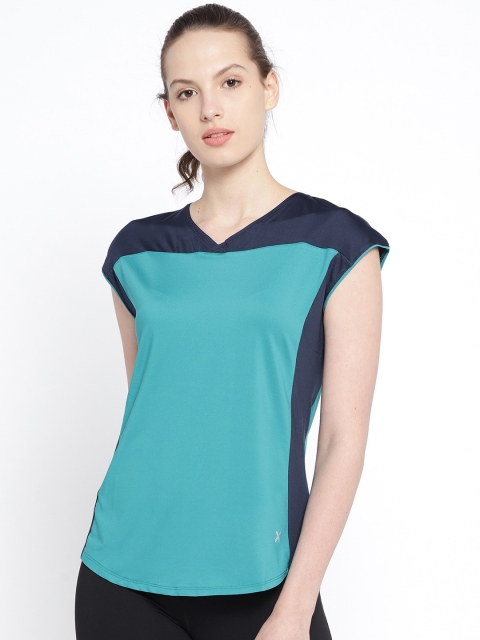 

HRX by Hrithik Roshan Women Teal Green & Navy Blue Colourblocked V-Neck T-shirt