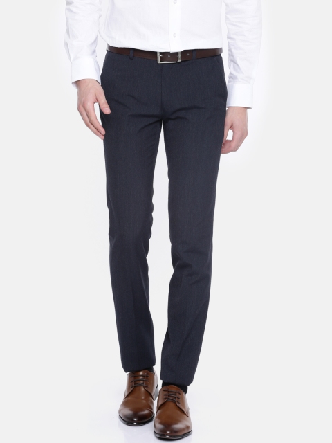 Theme Men Navy Tailored Tapered Fit Solid Formal Trousers, Navy blue