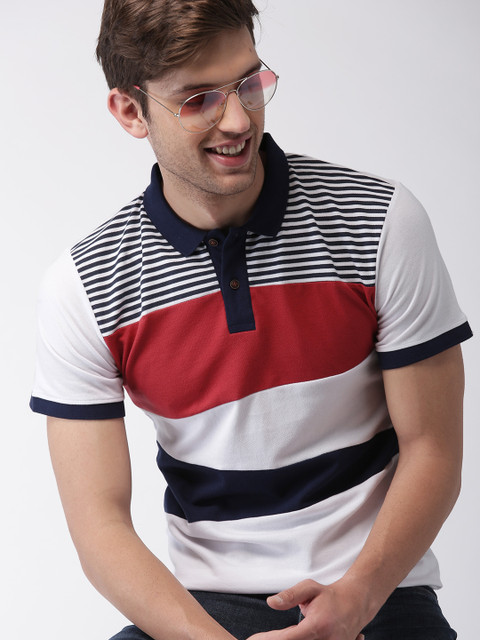 

Mast & Harbour Men Navy Blue Striped Polo Collar T-shirt