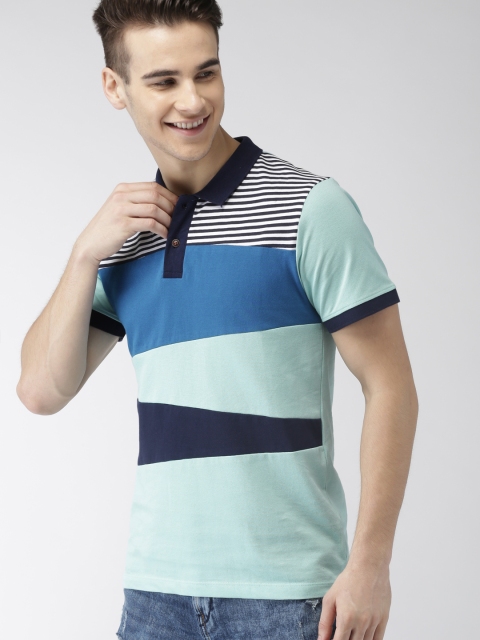 

Mast & Harbour Men Blue Striped Polo Collar T-shirt