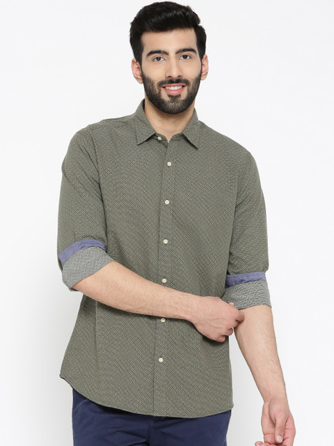 

Blackberrys Men Olive Green & Off-White Slim Fit Self-Design Casual Shirt