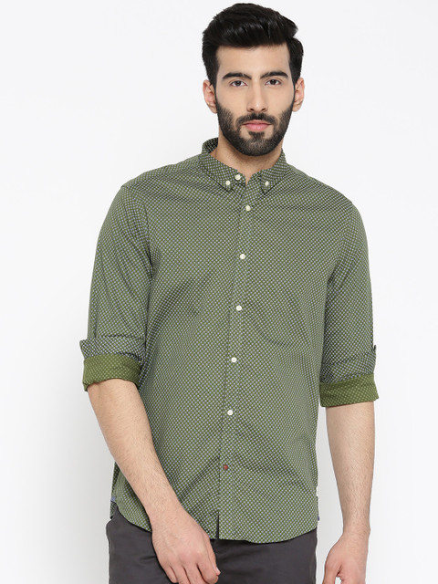 

Blackberrys Men Olive Green & White Slim Fit Printed Casual Shirt