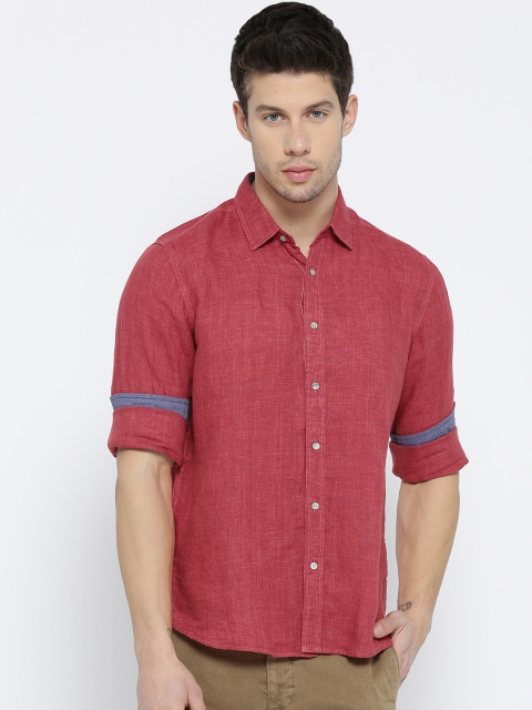 

Blackberrys Men Coral Red Slim Fit Linen Casual Shirt
